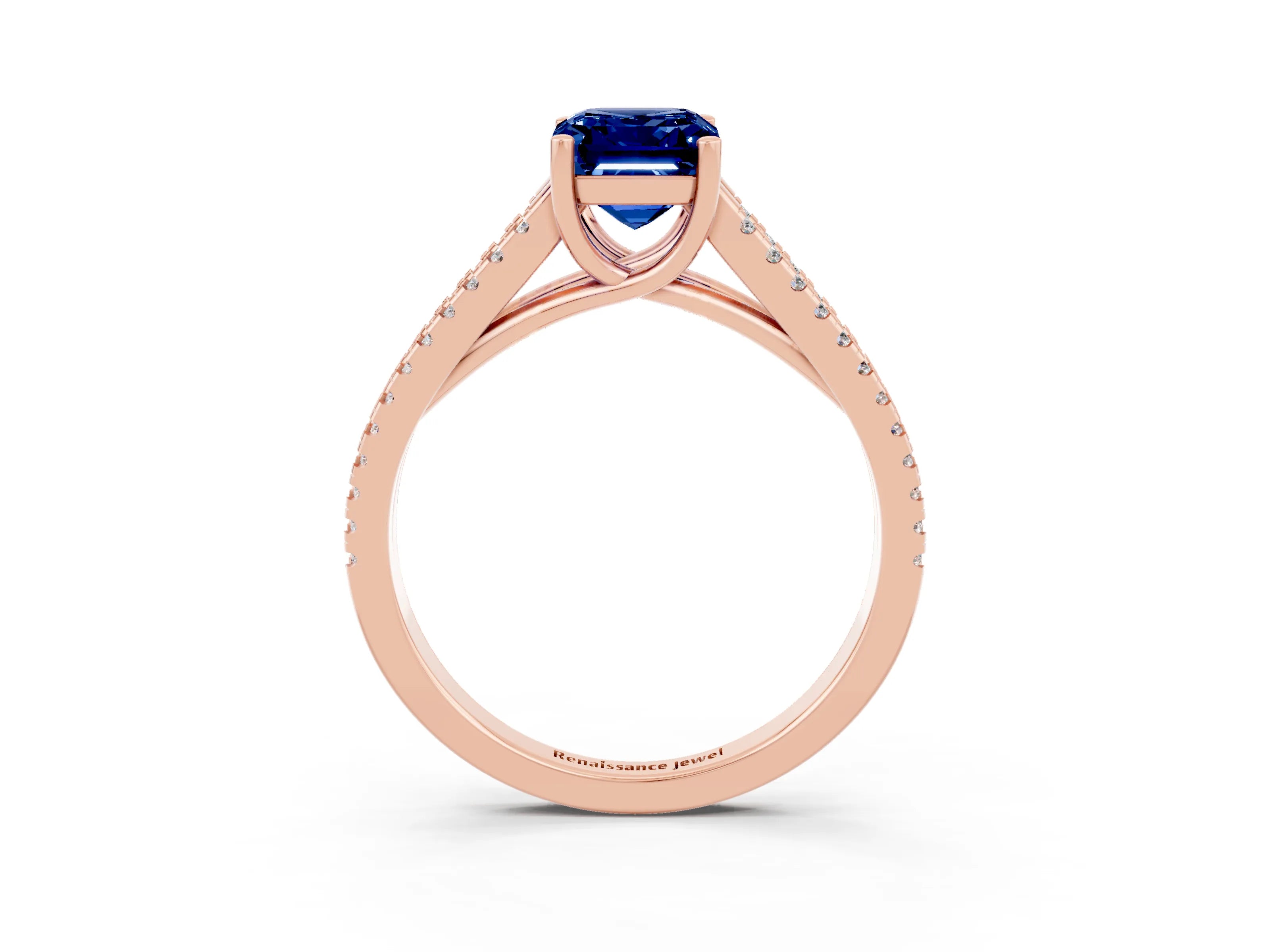 Rose gold Emerald Cut Blue Sapphire Solitaire Engagement Ring with Split Shank Pavé Band_3