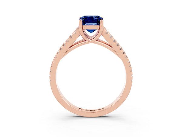 Rose gold Emerald Cut Blue Sapphire Solitaire Engagement Ring with Split Shank Pavé Band