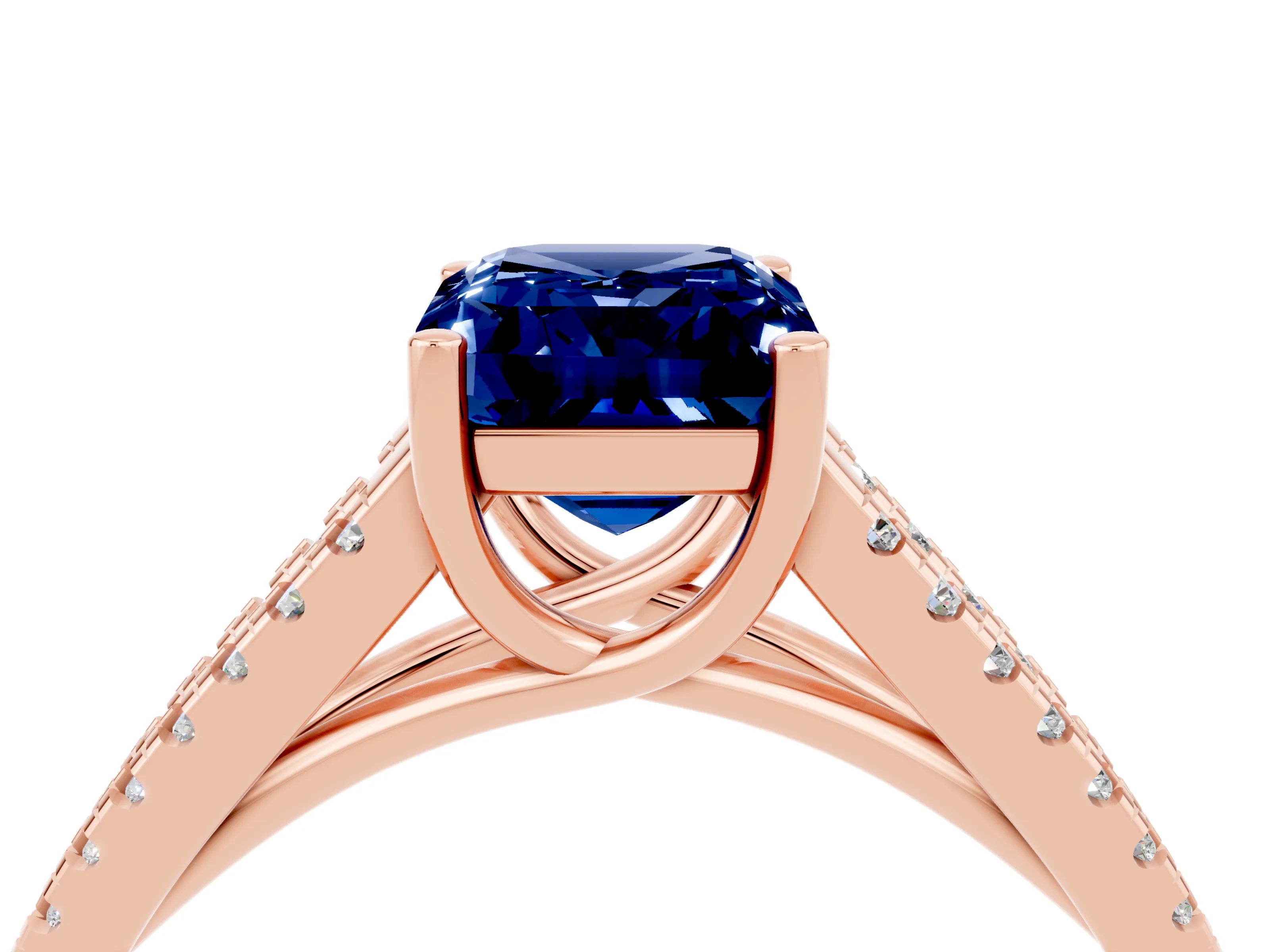 Rose gold Emerald Cut Blue Sapphire Solitaire Engagement Ring with Split Shank Pavé Band_4
