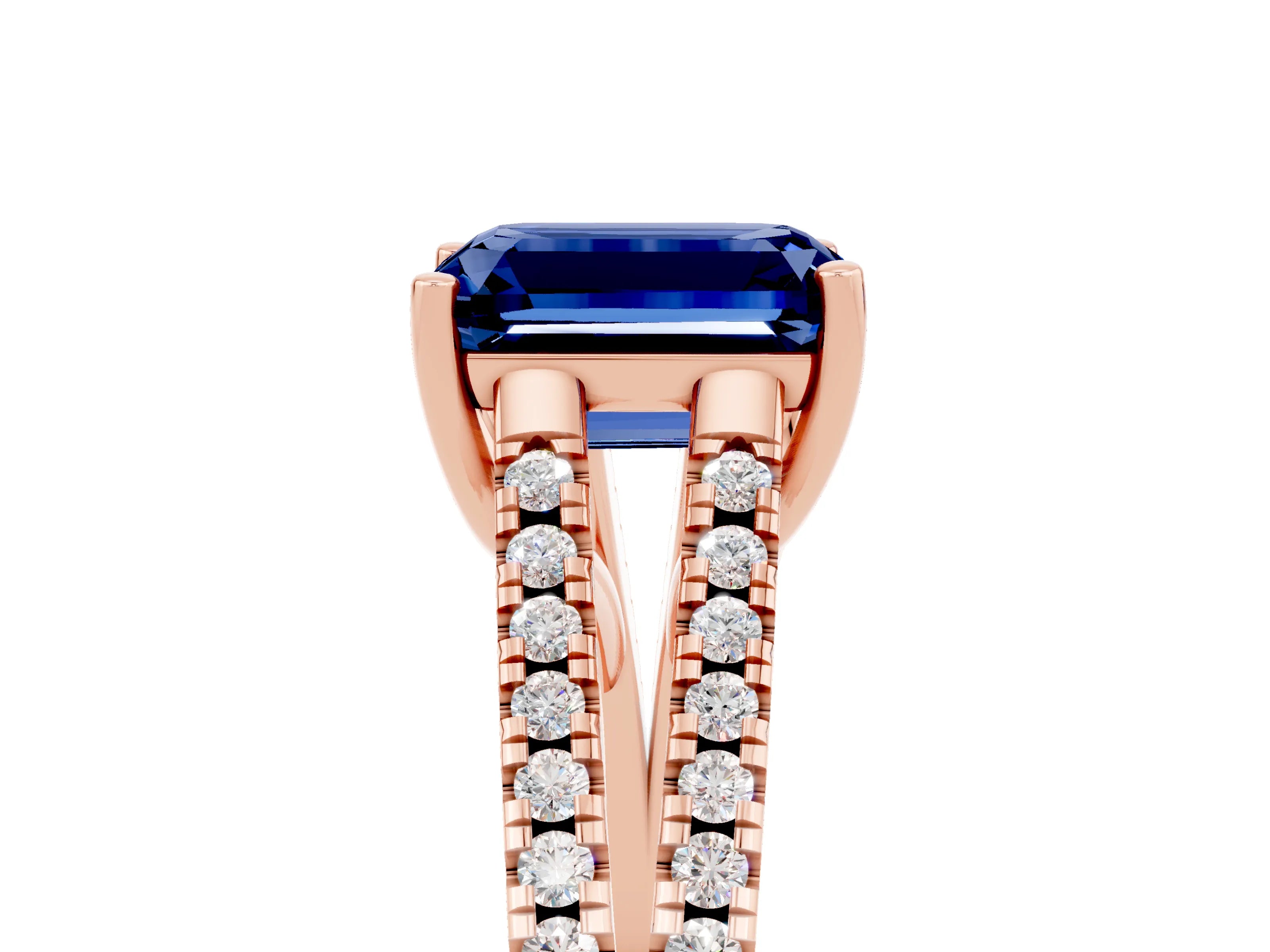 Rose gold Emerald Cut Blue Sapphire Solitaire Engagement Ring with Split Shank Pavé Band_5