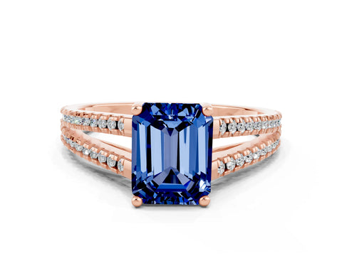 Rose gold Emerald Cut Blue Sapphire Solitaire Engagement Ring with Split Shank Pavé Band