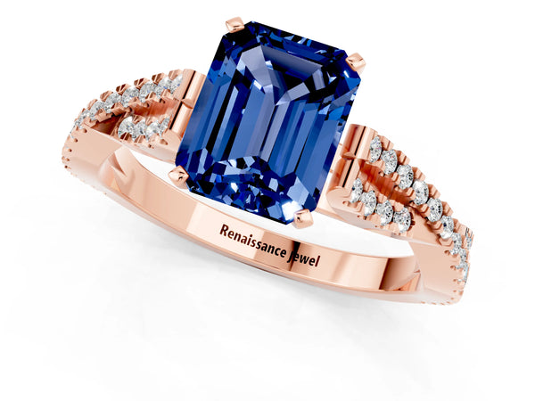 Rose gold Emerald Cut Blue Sapphire Solitaire Engagement Ring with Twisted Pavé Band and Four-Prong Setting