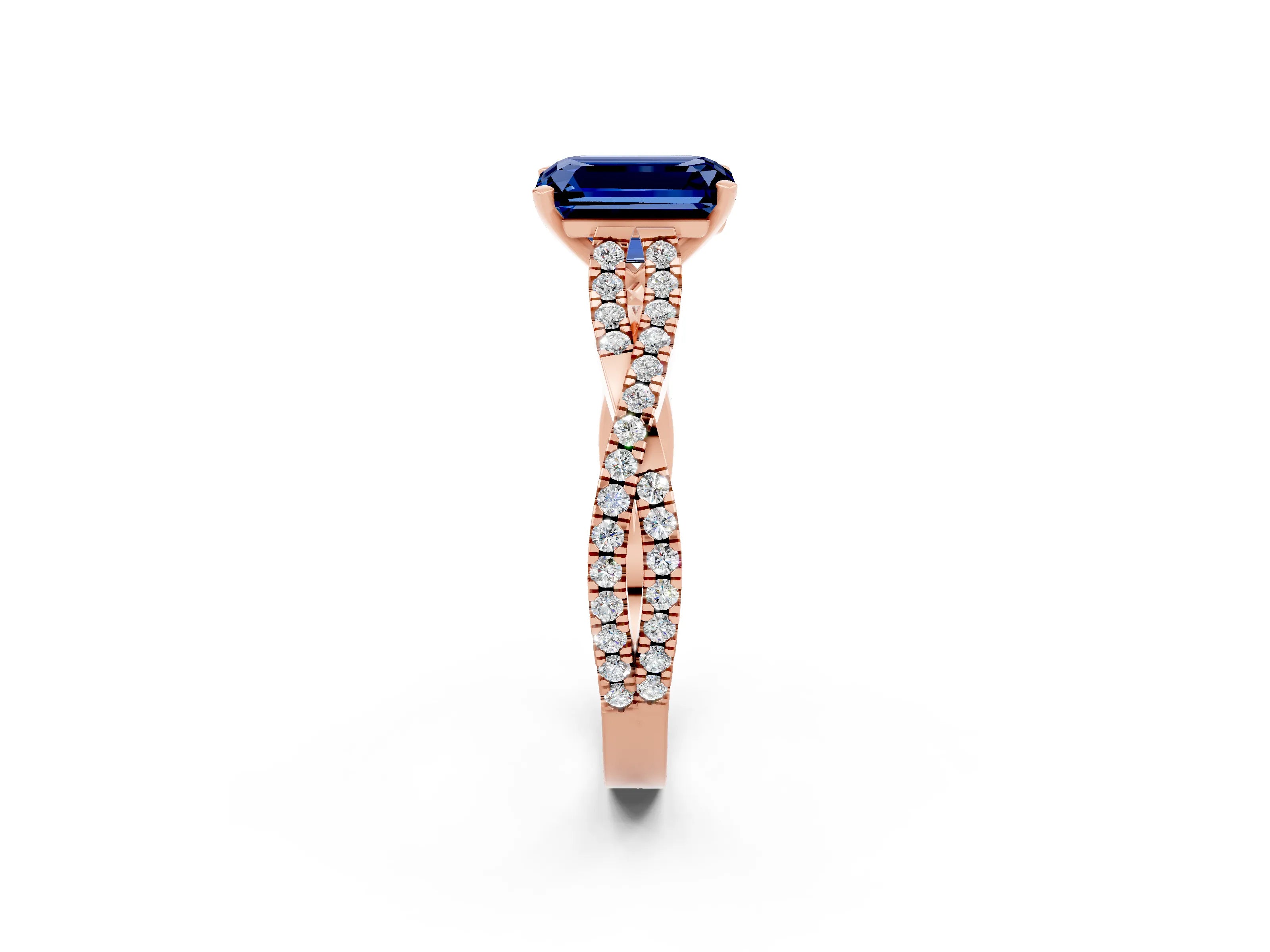 Rose gold Emerald Cut Blue Sapphire Solitaire Engagement Ring with Twisted Pavé Band and Four-Prong Setting_2