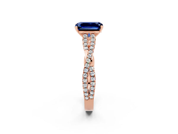 Rose gold Emerald Cut Blue Sapphire Solitaire Engagement Ring with Twisted Pavé Band and Four-Prong Setting