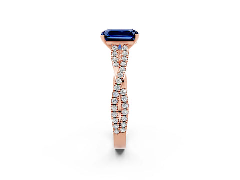 Rose gold Emerald Cut Blue Sapphire Solitaire Engagement Ring with Twisted Pavé Band and Four-Prong Setting_2