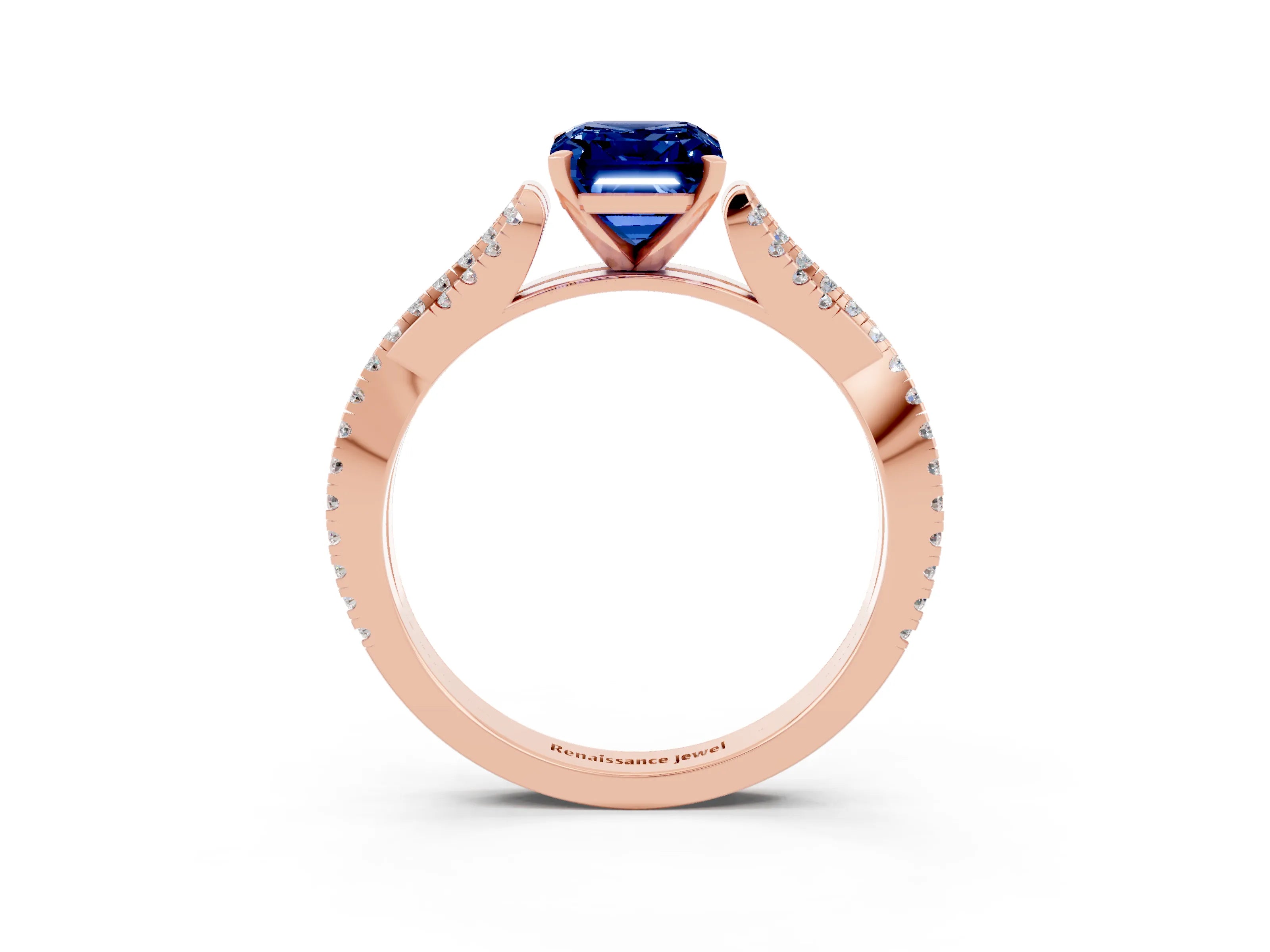 Rose gold Emerald Cut Blue Sapphire Solitaire Engagement Ring with Twisted Pavé Band and Four-Prong Setting_3