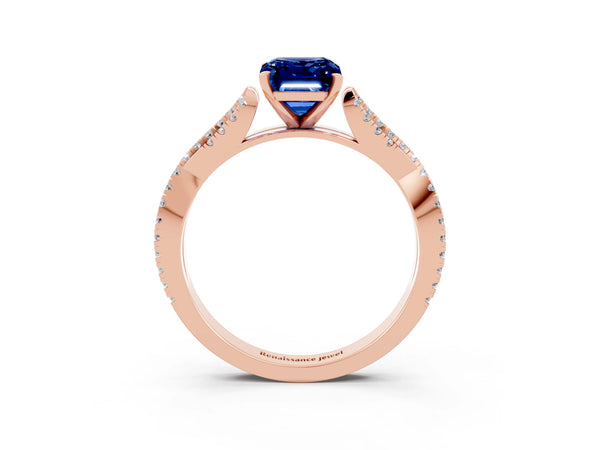 Rose gold Emerald Cut Blue Sapphire Solitaire Engagement Ring with Twisted Pavé Band and Four-Prong Setting