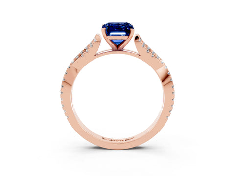 Rose gold Emerald Cut Blue Sapphire Solitaire Engagement Ring with Twisted Pavé Band and Four-Prong Setting_3