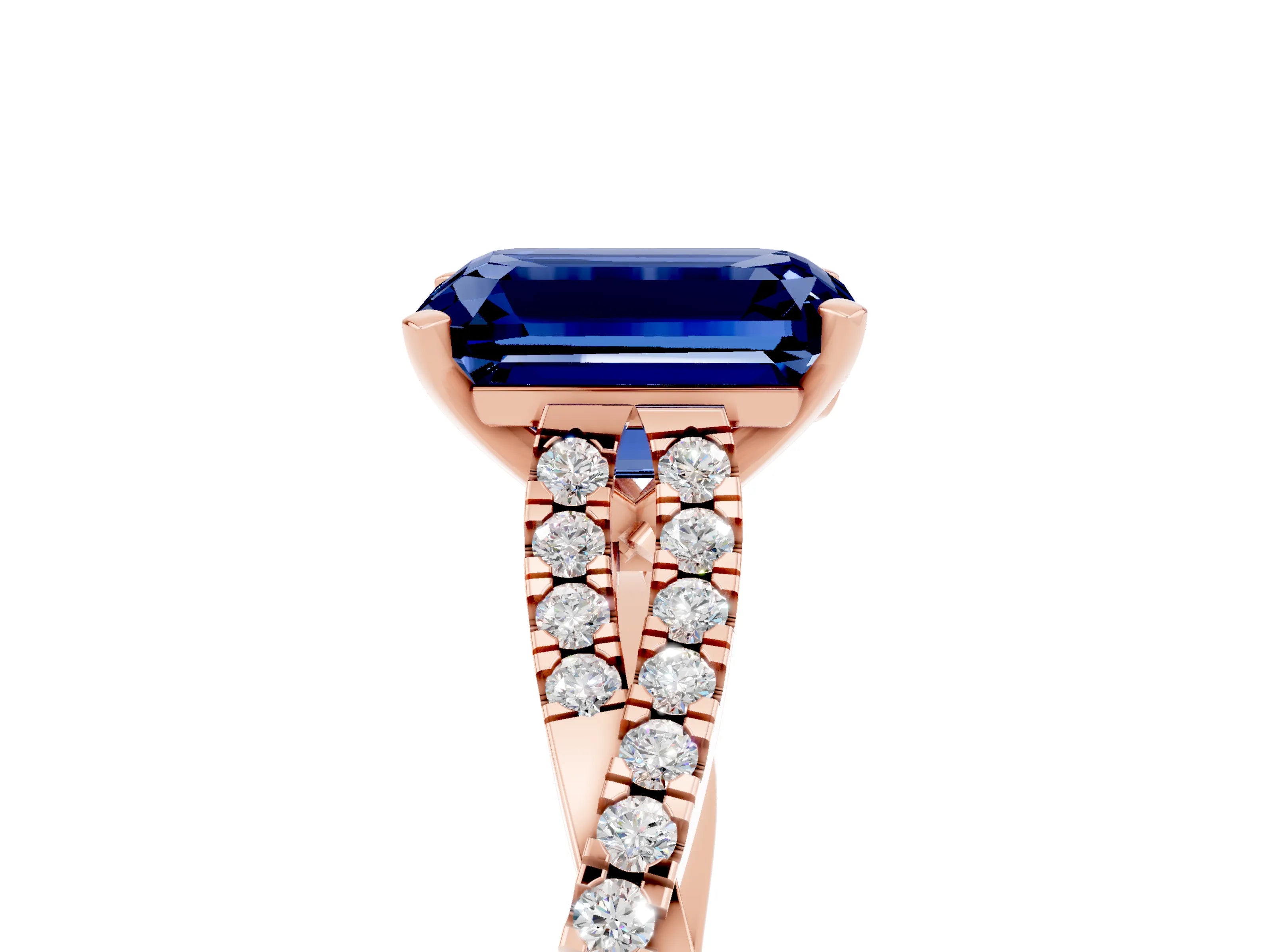 Rose gold Emerald Cut Blue Sapphire Solitaire Engagement Ring with Twisted Pavé Band and Four-Prong Setting_5
