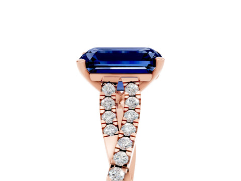 Rose gold Emerald Cut Blue Sapphire Solitaire Engagement Ring with Twisted Pavé Band and Four-Prong Setting_5