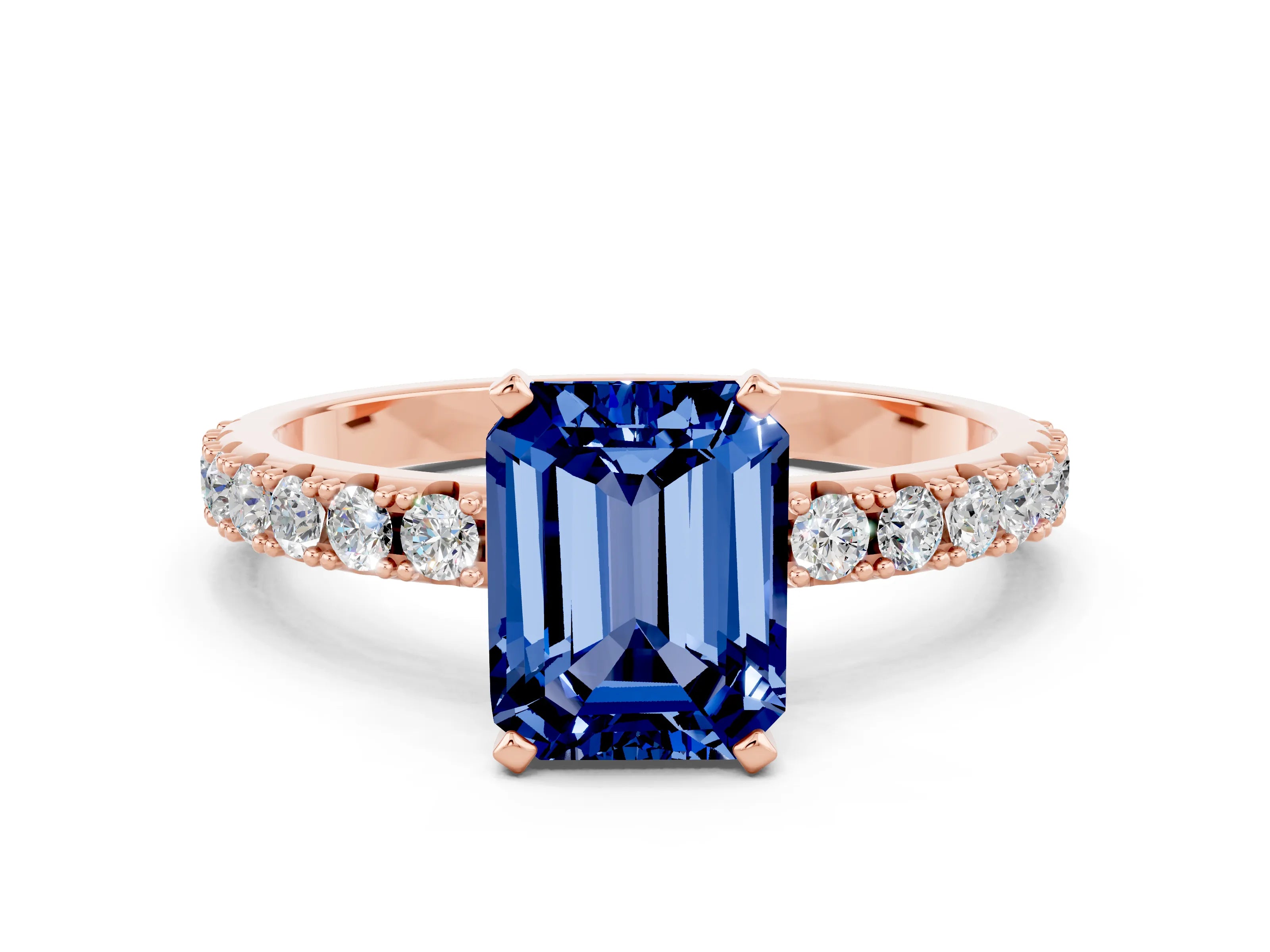 Rose gold Emerald Cut Blue Sapphire Solitaire Pavé Band with Four-Prong Setting