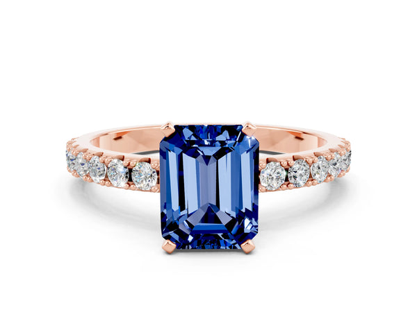 Rose gold Emerald Cut Blue Sapphire Solitaire Pavé Band with Four-Prong Setting