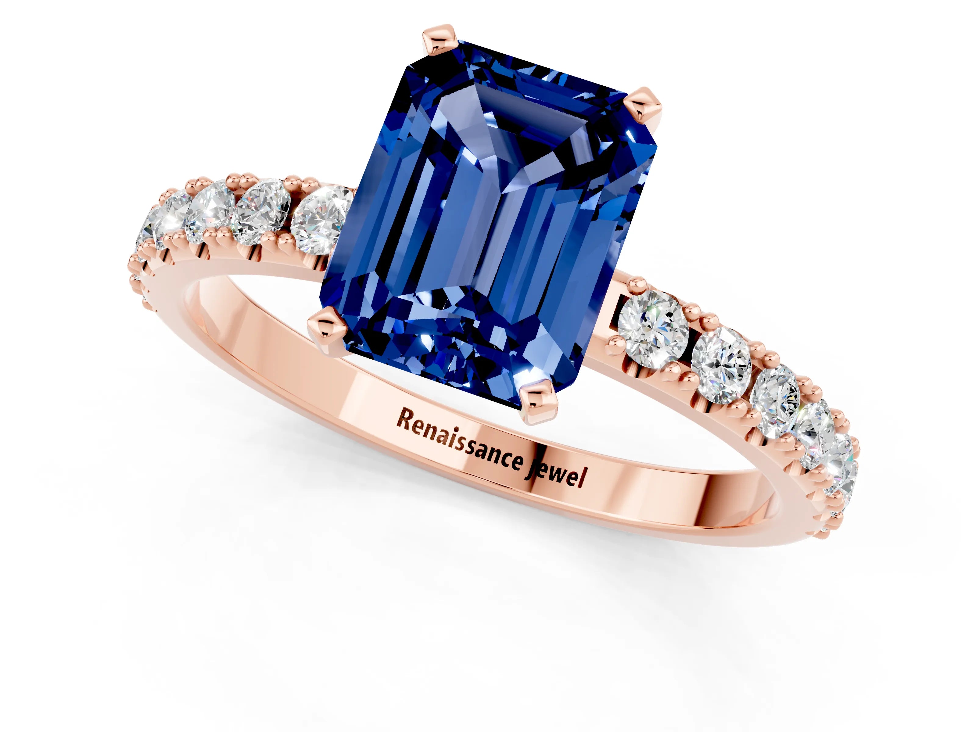 Rose gold Emerald Cut Blue Sapphire Solitaire Pavé Band with Four-Prong Setting_1