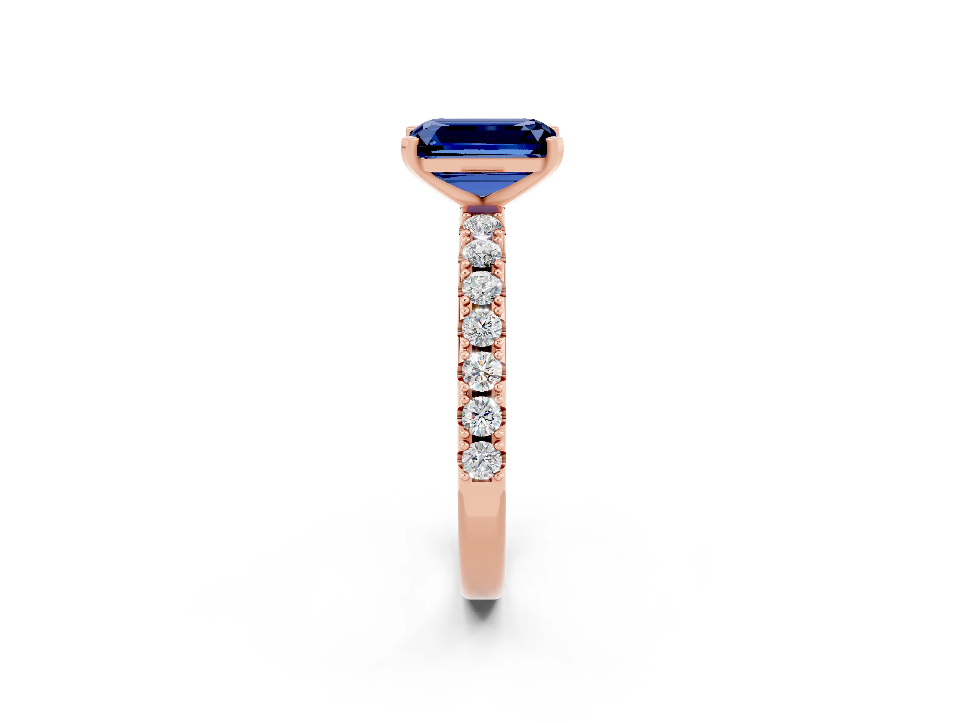 Rose gold Emerald Cut Blue Sapphire Solitaire Pavé Band with Four-Prong Setting_2