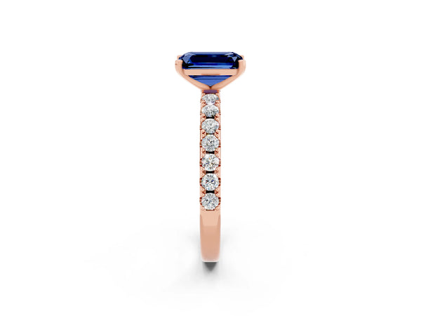 Rose gold Emerald Cut Blue Sapphire Solitaire Pavé Band with Four-Prong Setting