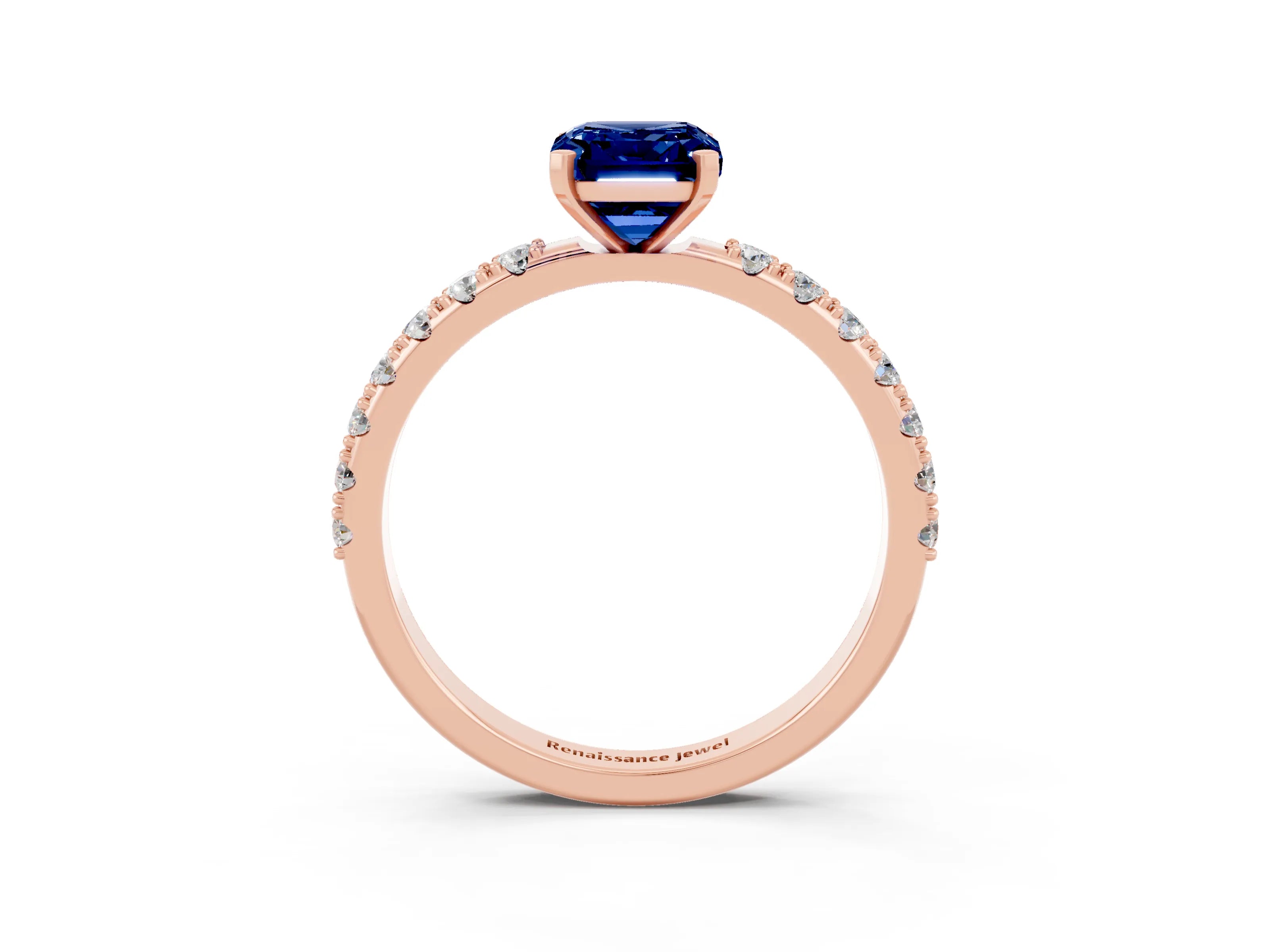 Rose gold Emerald Cut Blue Sapphire Solitaire Pavé Band with Four-Prong Setting_3