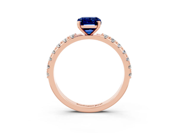 Rose gold Emerald Cut Blue Sapphire Solitaire Pavé Band with Four-Prong Setting
