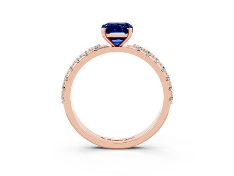 Rose gold Emerald Cut Blue Sapphire Solitaire Pavé Band with Four-Prong Setting_3