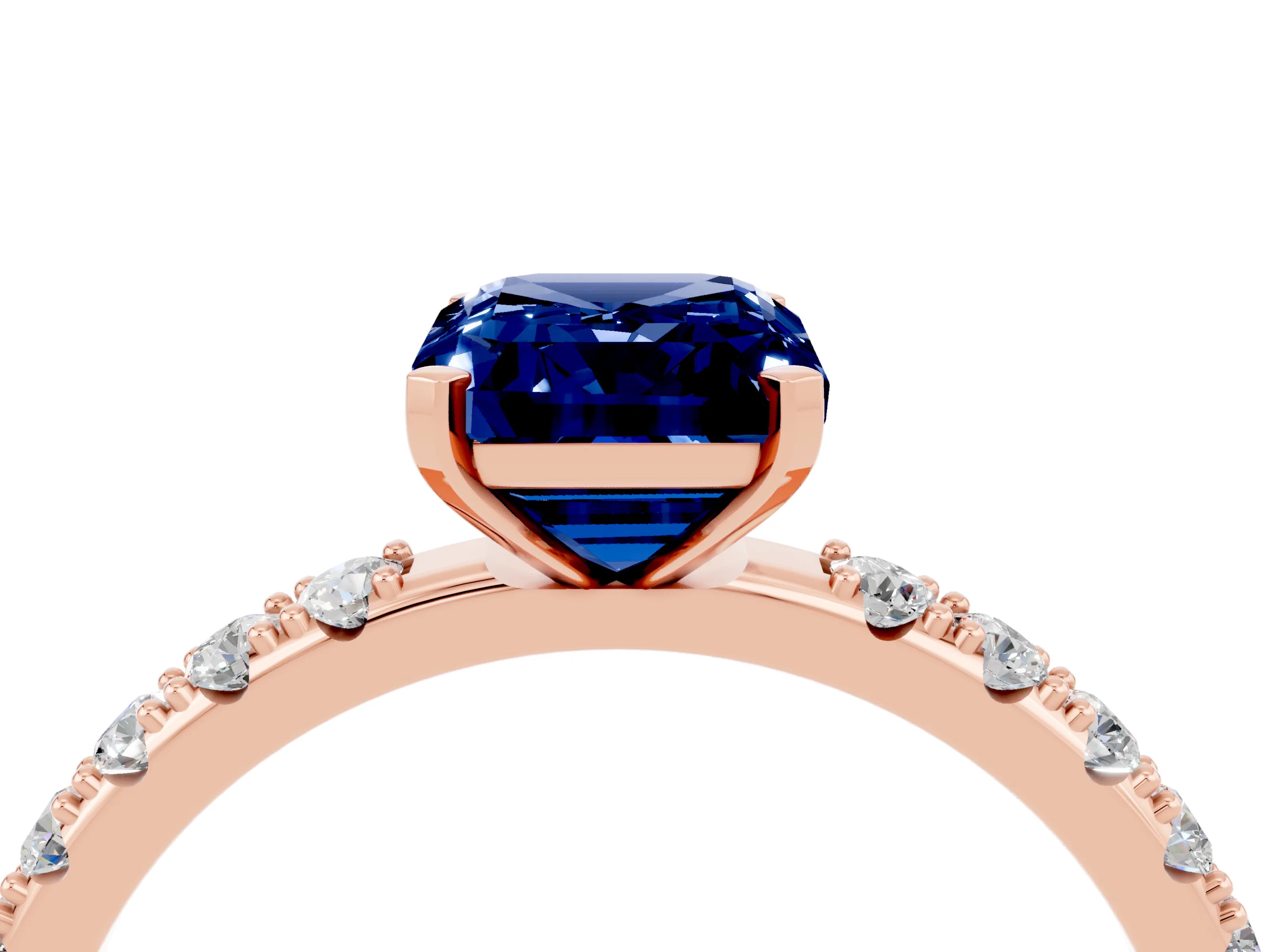 Rose gold Emerald Cut Blue Sapphire Solitaire Pavé Band with Four-Prong Setting_4