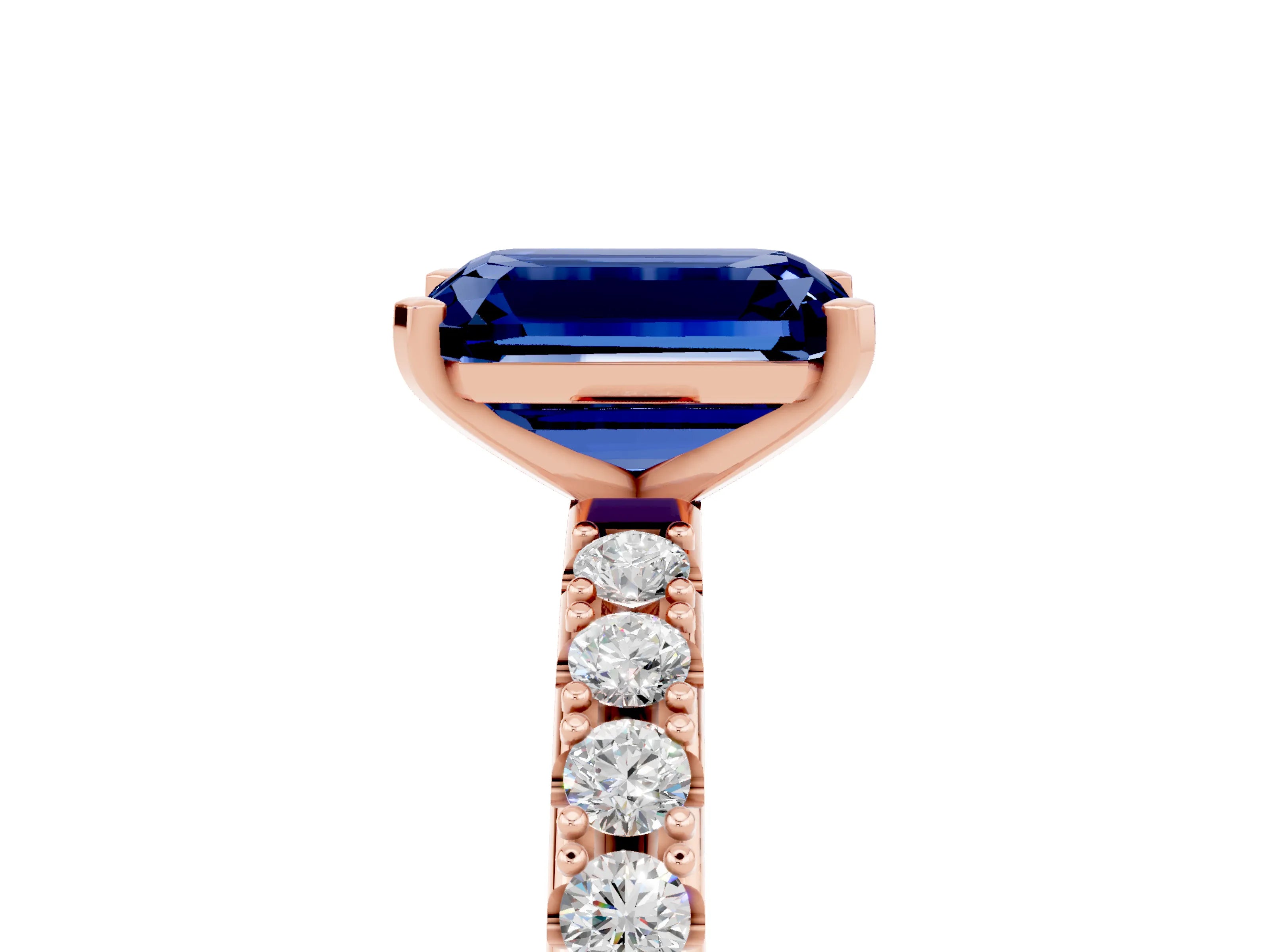 Rose gold Emerald Cut Blue Sapphire Solitaire Pavé Band with Four-Prong Setting_5