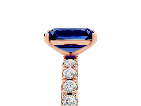 Rose gold Emerald Cut Blue Sapphire Solitaire Pavé Band with Four-Prong Setting_5