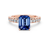 Rose gold Emerald Cut Blue Sapphire Solitaire Pavé Engagement Ring with Round Band and Prong Setting_12