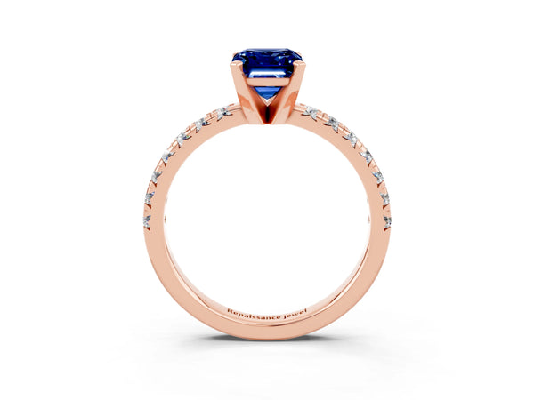 Rose gold Emerald Cut Blue Sapphire Solitaire Pavé Engagement Ring with Round Band and Prong Setting