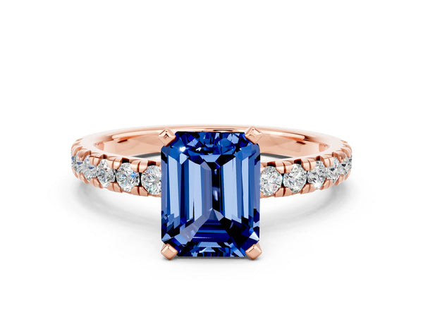 Rose gold Emerald Cut Blue Sapphire Solitaire Pavé Engagement Ring with Round Band and Prong Setting