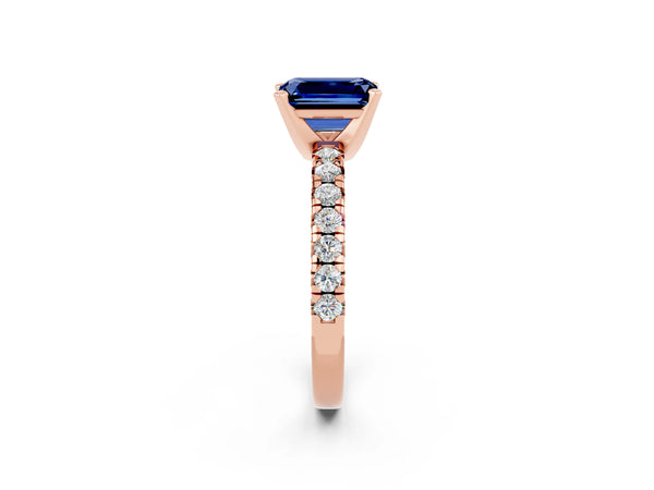 Rose gold Emerald Cut Blue Sapphire Solitaire Pavé Engagement Ring with Round Band and Prong Setting