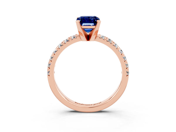 Rose gold Emerald Cut Blue Sapphire Solitaire Pavé Engagement Ring with Round Band and Prong Setting