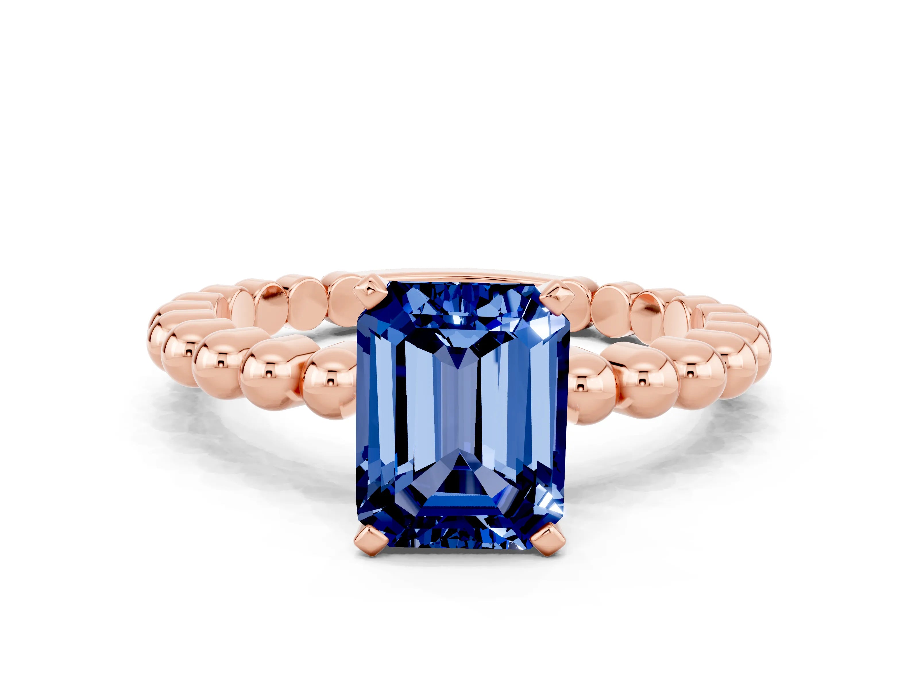 Rose gold Emerald Cut Blue Sapphire Solitaire Ring with Beaded Band and Prong Setting