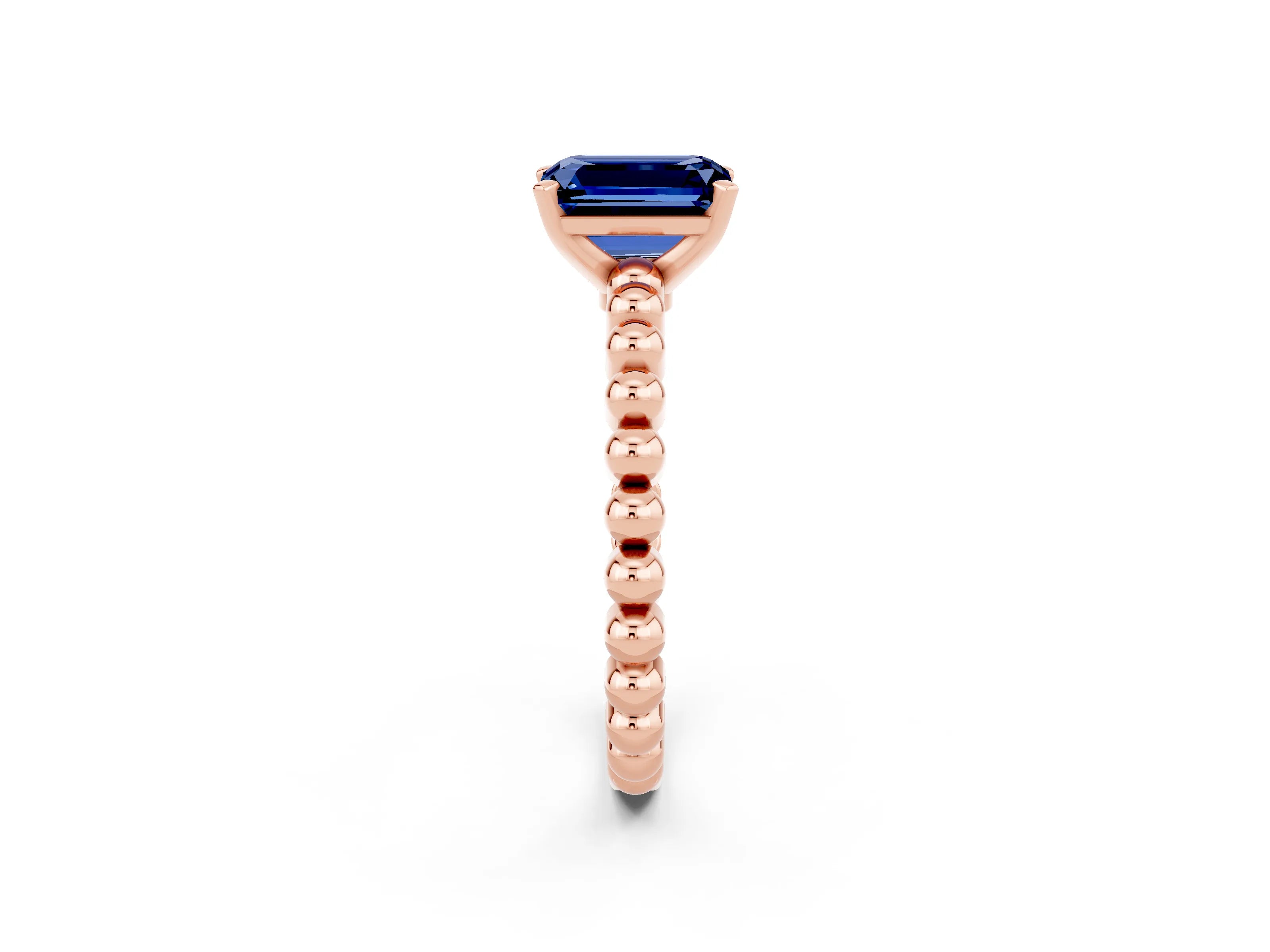 Rose gold Emerald Cut Blue Sapphire Solitaire Ring with Beaded Band and Prong Setting_2