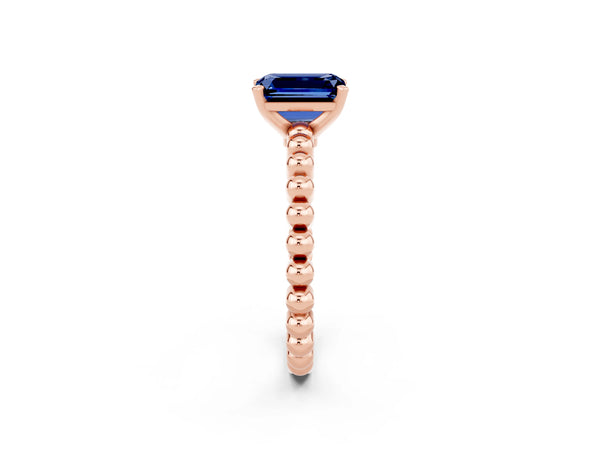 Rose gold Emerald Cut Blue Sapphire Solitaire Ring with Beaded Band and Prong Setting