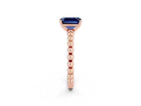 Rose gold Emerald Cut Blue Sapphire Solitaire Ring with Beaded Band and Prong Setting_2