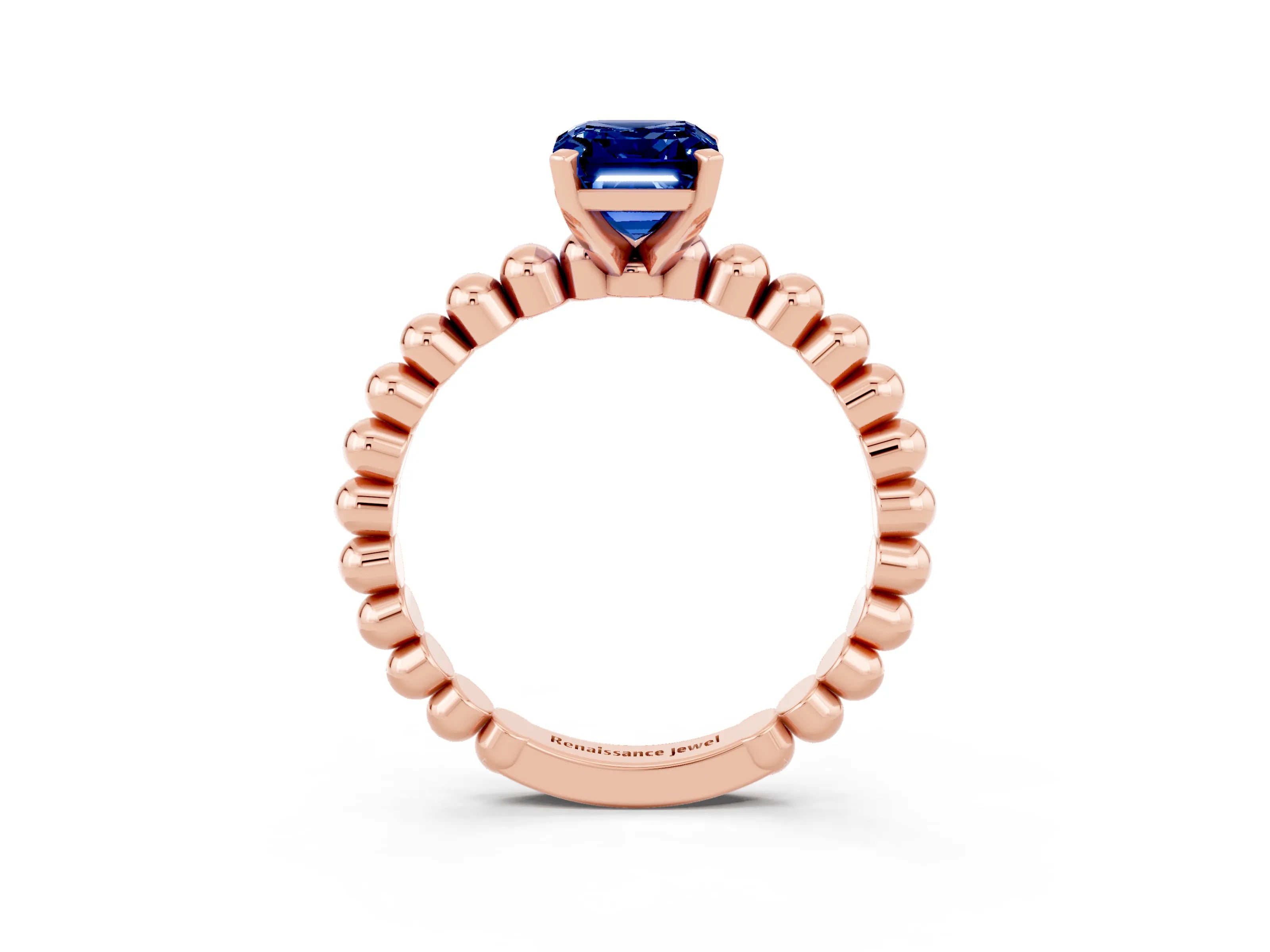 Rose gold Emerald Cut Blue Sapphire Solitaire Ring with Beaded Band and Prong Setting_3