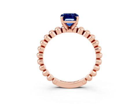 Rose gold Emerald Cut Blue Sapphire Solitaire Ring with Beaded Band and Prong Setting_3
