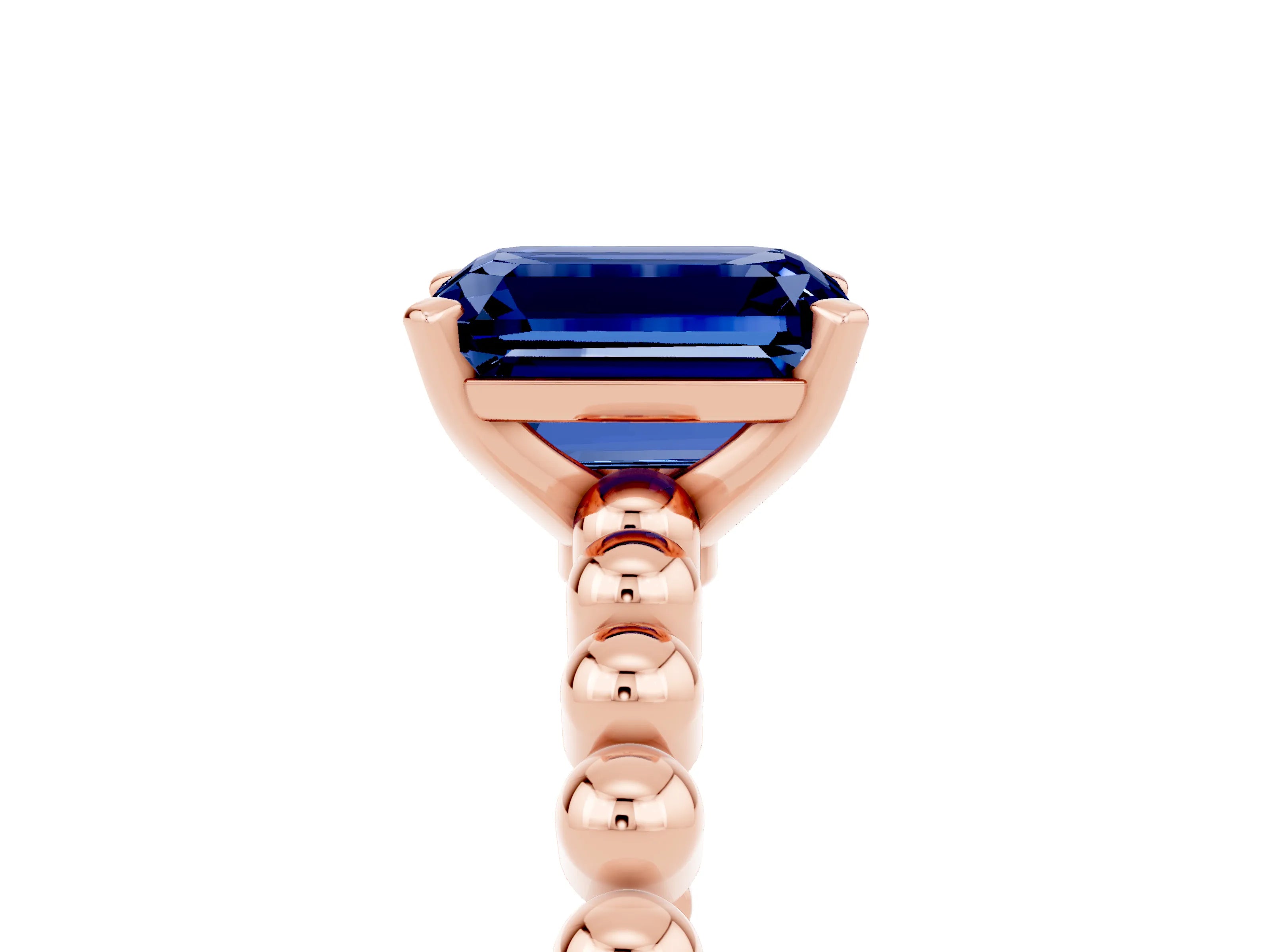 Rose gold Emerald Cut Blue Sapphire Solitaire Ring with Beaded Band and Prong Setting_5