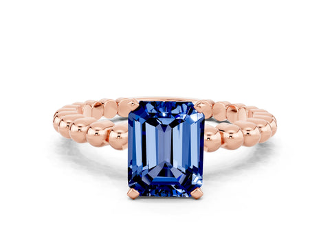 Rose gold Emerald Cut Blue Sapphire Solitaire Ring with Beaded Band and Prong Setting
