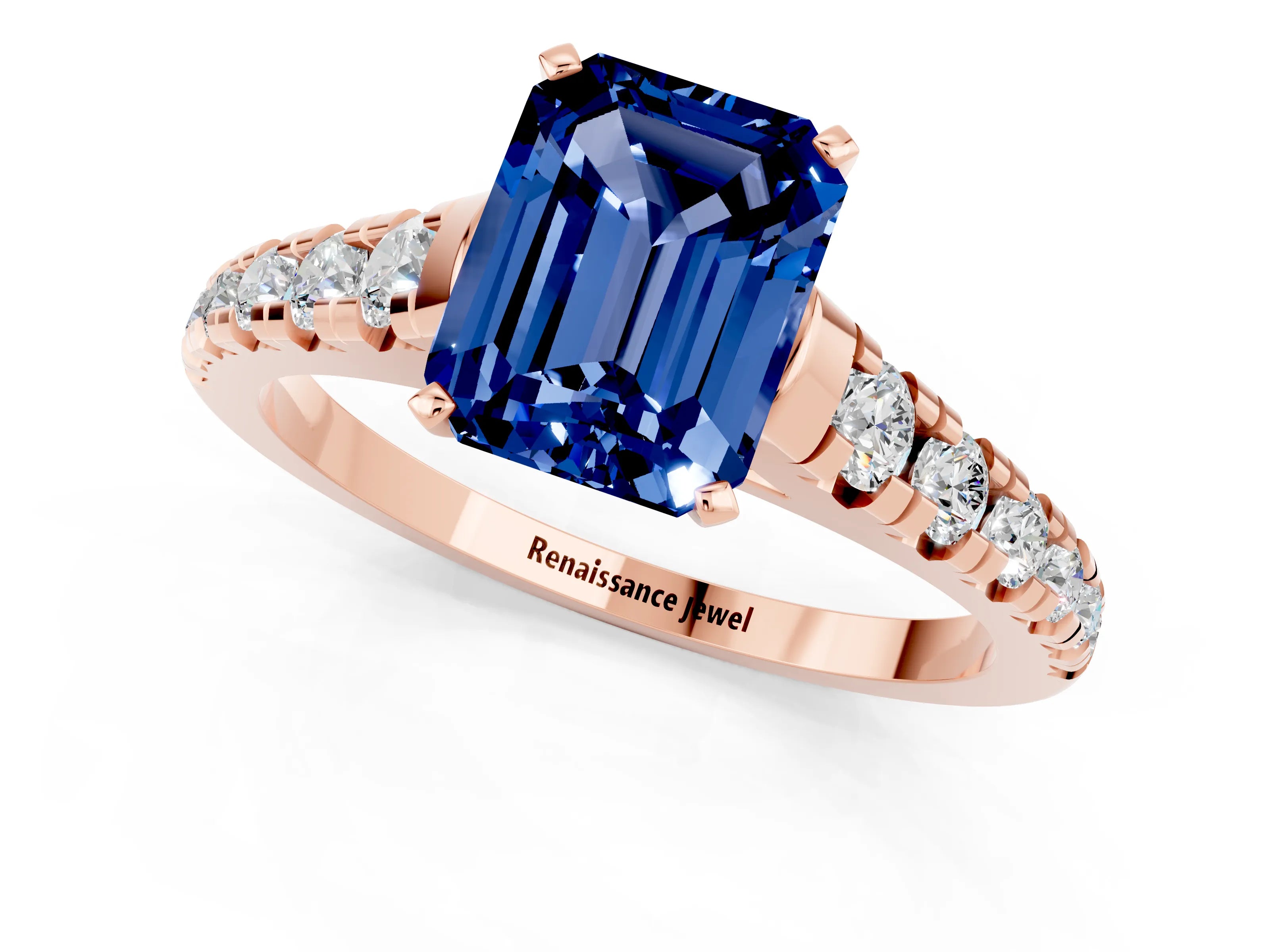 Rose gold Emerald Cut Blue Sapphire Solitaire Ring with Cathedral Setting and Pavé Band_1