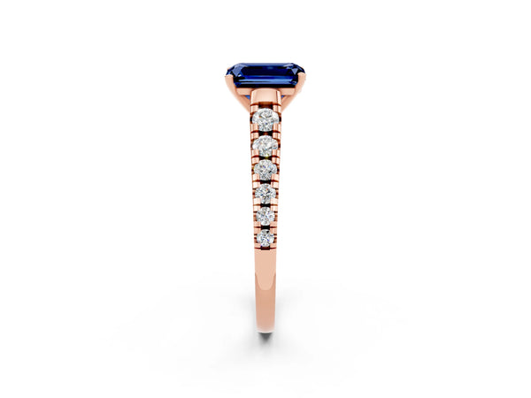 Rose gold Emerald Cut Blue Sapphire Cathedral Solitaire Ring with Round  Pavé Band