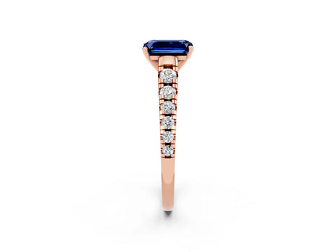 Rose gold Emerald Cut Blue Sapphire Solitaire Ring with Cathedral Setting and Pavé Band_2