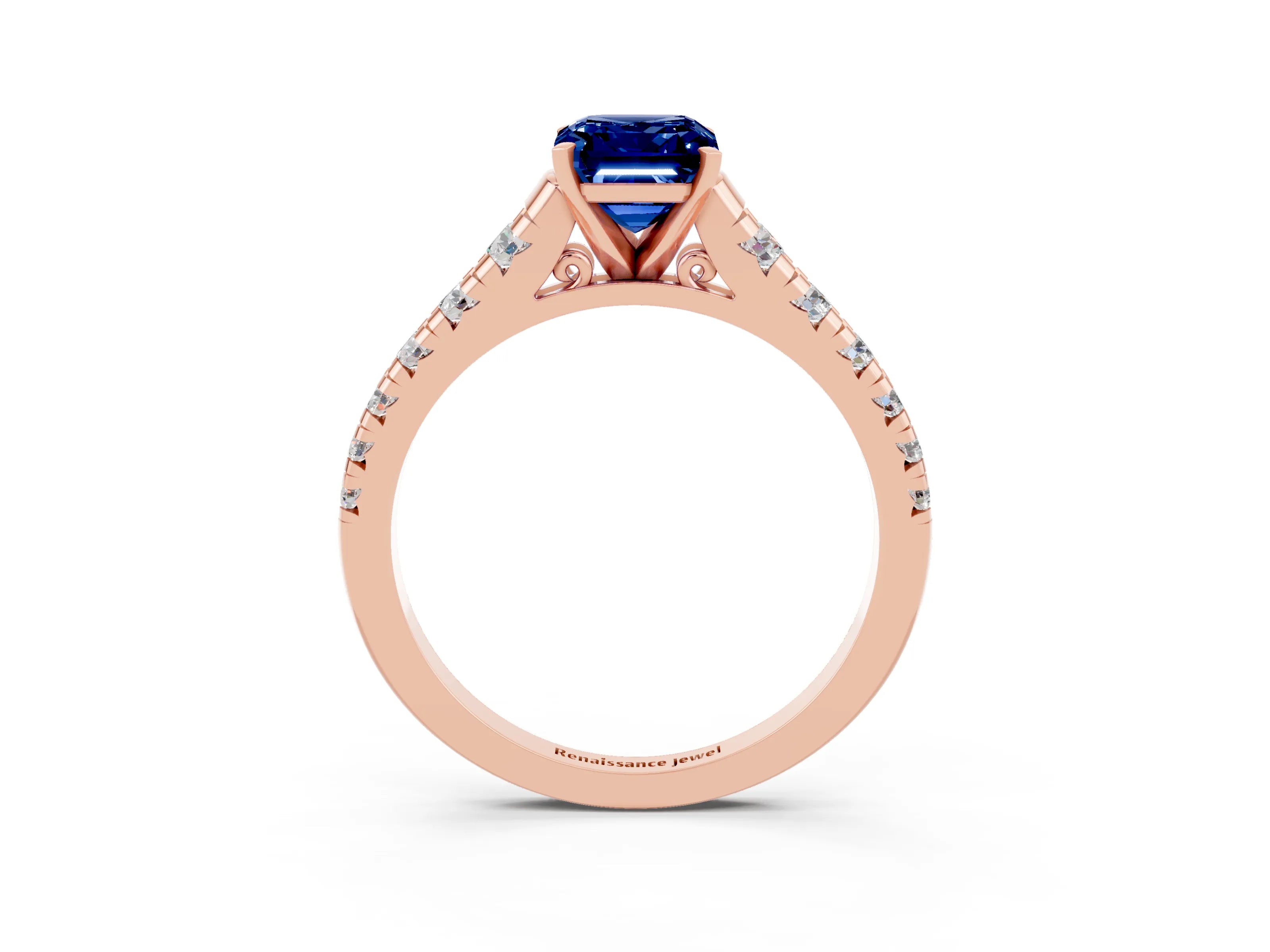 Rose gold Emerald Cut Blue Sapphire Solitaire Ring with Cathedral Setting and Pavé Band_3