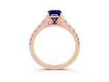 Rose gold Emerald Cut Blue Sapphire Solitaire Ring with Cathedral Setting and Pavé Band_3