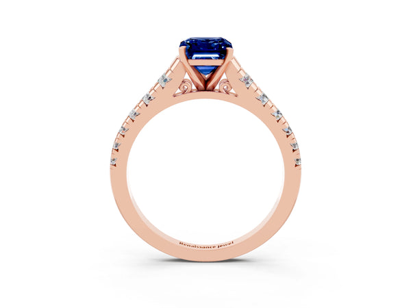 Rose gold Emerald Cut Blue Sapphire Cathedral Solitaire Ring with Round  Pavé Band