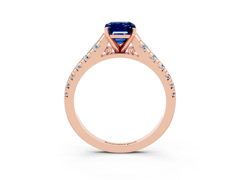 Rose gold Emerald Cut Blue Sapphire Solitaire Ring with Cathedral Setting and Pavé Band_3