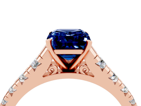 Rose gold Emerald Cut Blue Sapphire Solitaire Ring with Cathedral Setting and Pavé Band_4