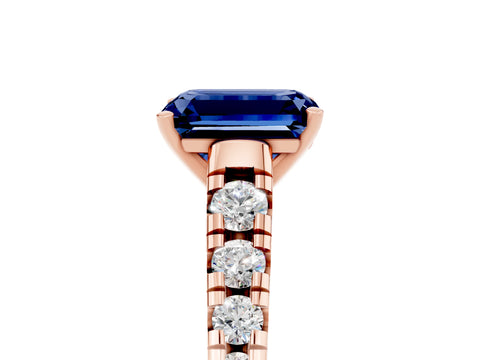 Rose gold Emerald Cut Blue Sapphire Solitaire Ring with Cathedral Setting and Pavé Band_5