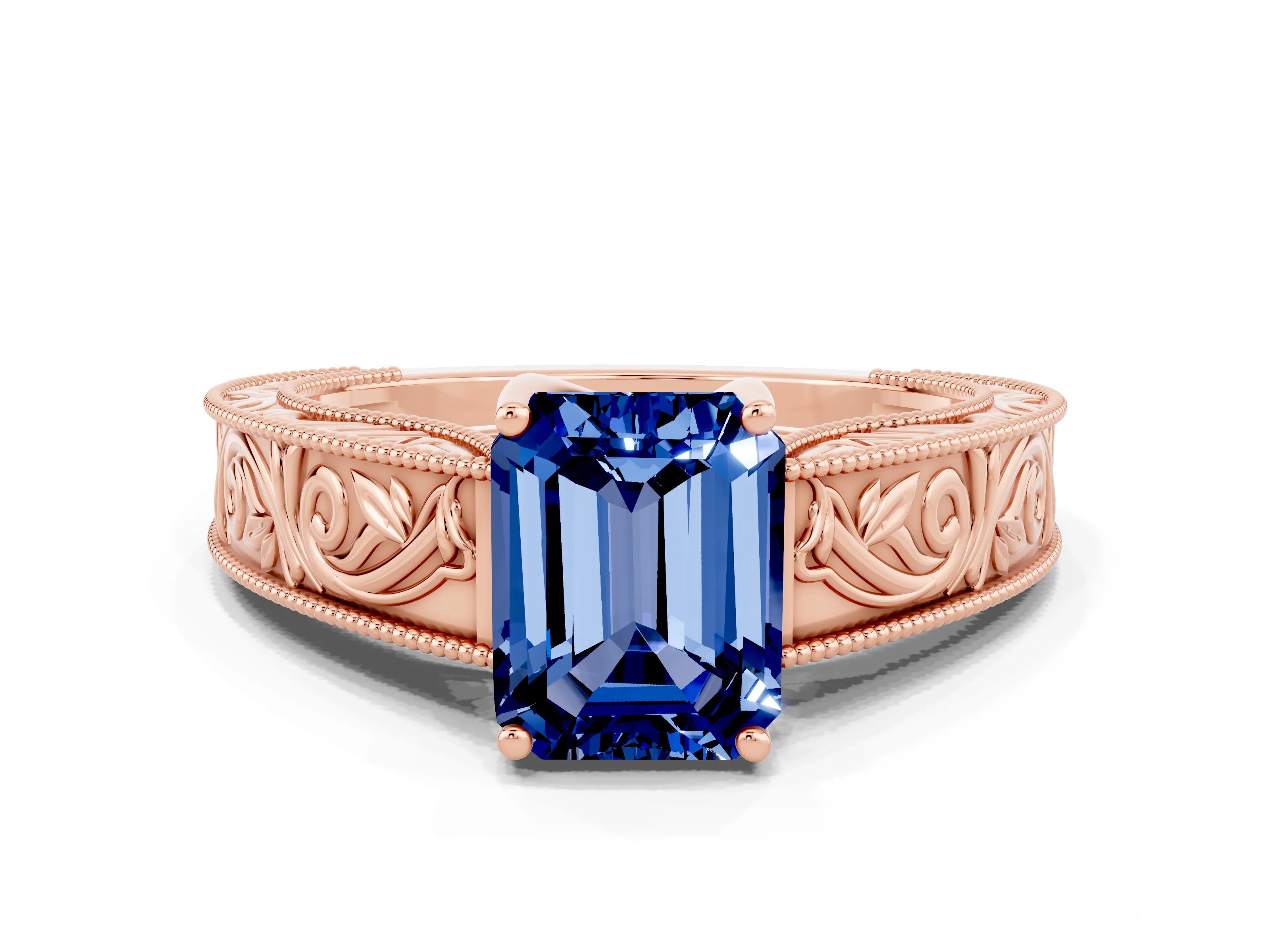 Rose gold Emerald Cut Blue Sapphire Solitaire Ring with Engraved Band and Four-Prong Setting