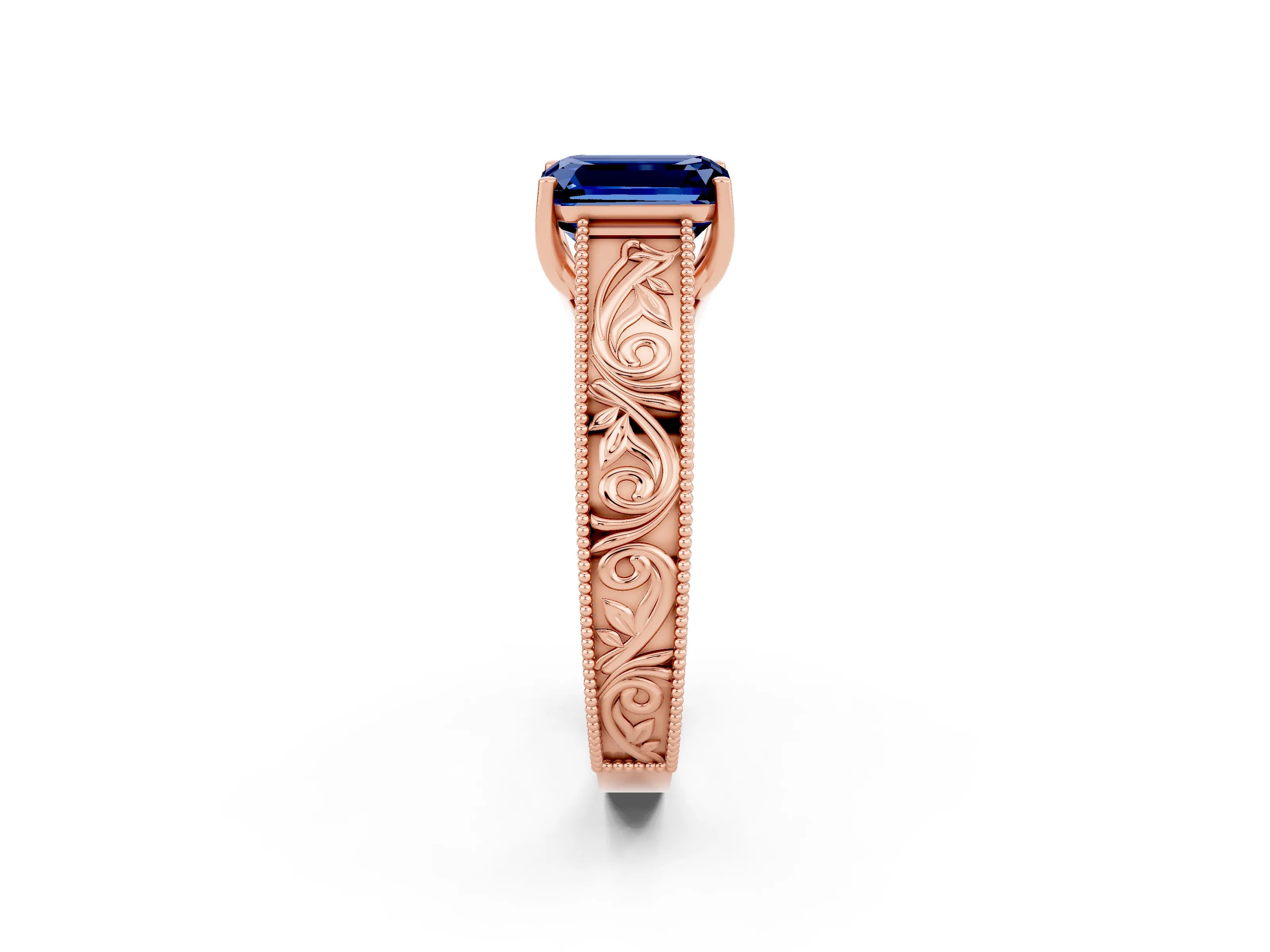 Rose gold Emerald Cut Blue Sapphire Solitaire Ring with Engraved Band and Four-Prong Setting_2