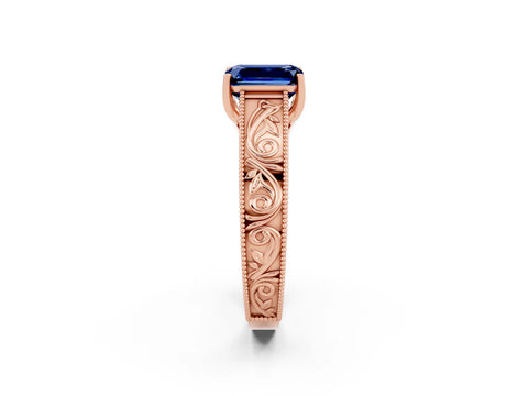 Rose gold Emerald Cut Blue Sapphire Solitaire Ring with Engraved Band and Four-Prong Setting_2